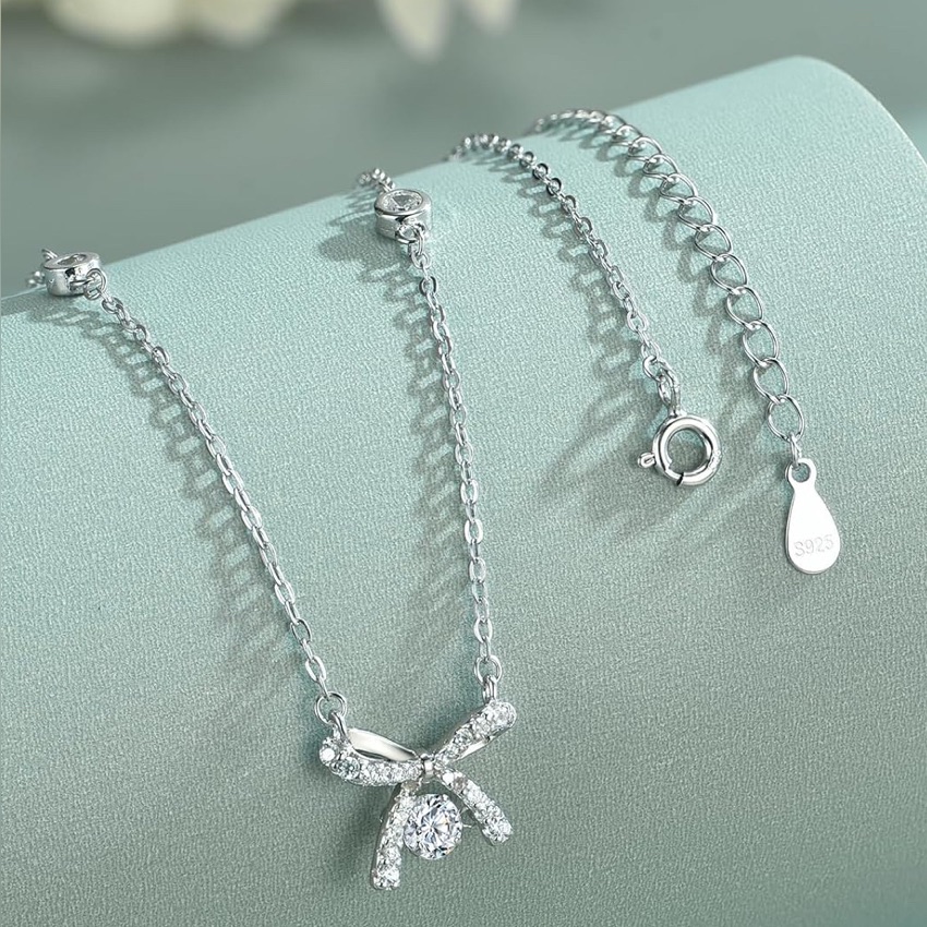 Genuine 18k Gold Diamond Moissanite Pave Coquette Bow Dancing Station Necklace